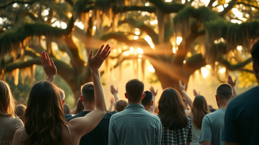 Serene worship scene at a Florida church camp for young adults, group with hands raised in prayer outdoors under moss-draped oaks, golden hour lighting