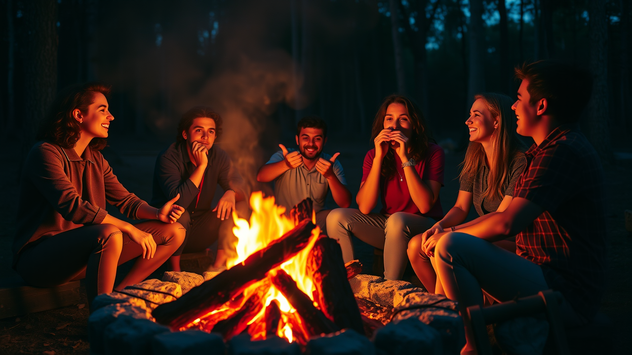 Dynamic bonfire night at a Christian retreat, group of inspired young adults sharing testimonies at a florida church camp for young adults