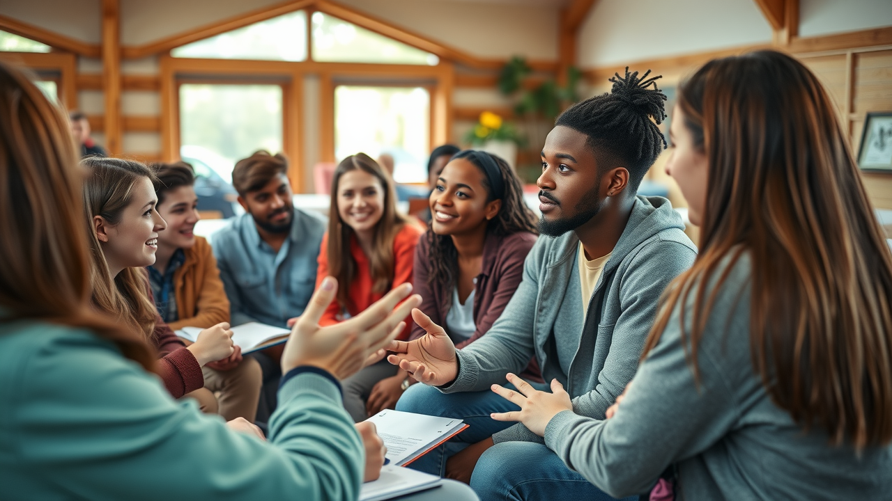 Vibrant leadership workshop for young adults at a florida church camp for young adults, mentors and participants engaged in active discussion in a modern meeting space