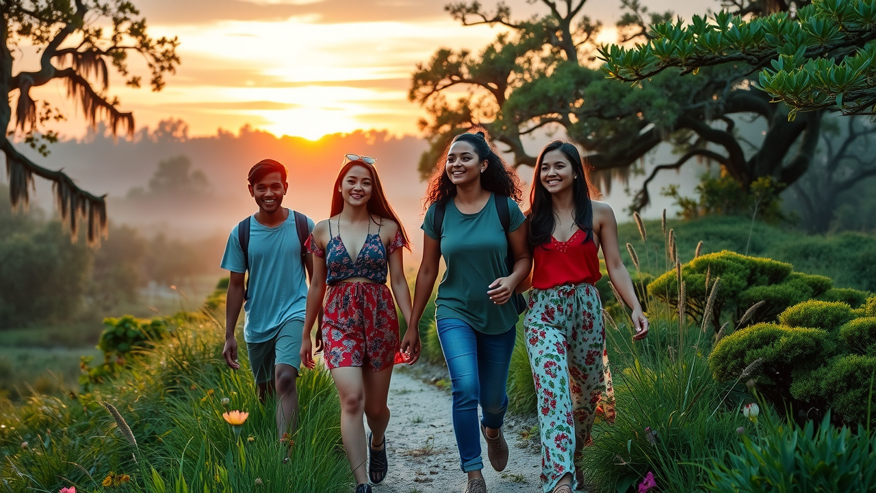 Diverse group of young adults inspired and hopeful, walking along a scenic reflection trail at a florida church camp for young adults in Central Florida landscape