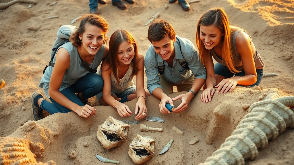 Young adults digging for fossils at Camp Impact, dinosaur dig hands-on activity, central florida christian camp