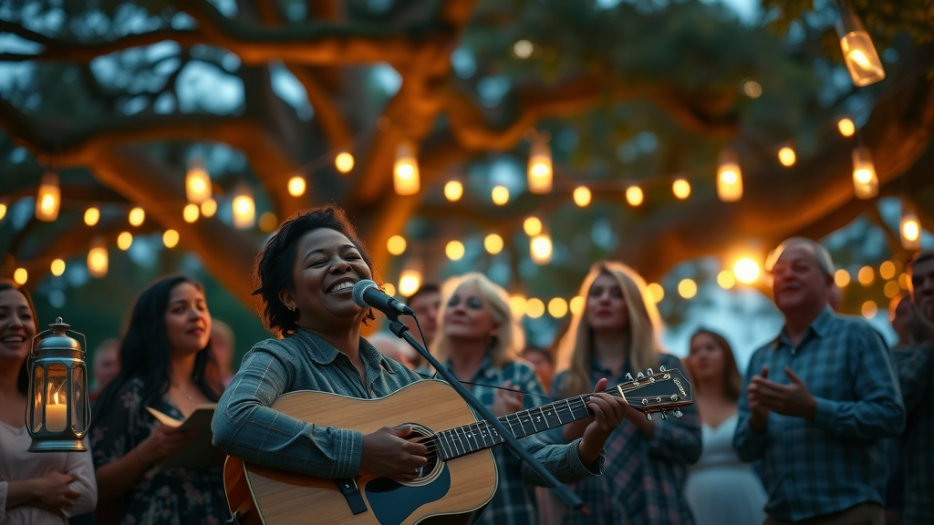 Outdoor worship service at Florida Christian camp for families, Camp Impact, with families singing, guitars under string lights and lanterns, peaceful atmosphere