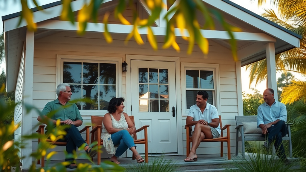 Modern, comfortable air-conditioned cabin exterior with welcoming porch, content guests enjoying the surroundings, Christian retreat center Florida, Florida greenery and blue sky in the background.