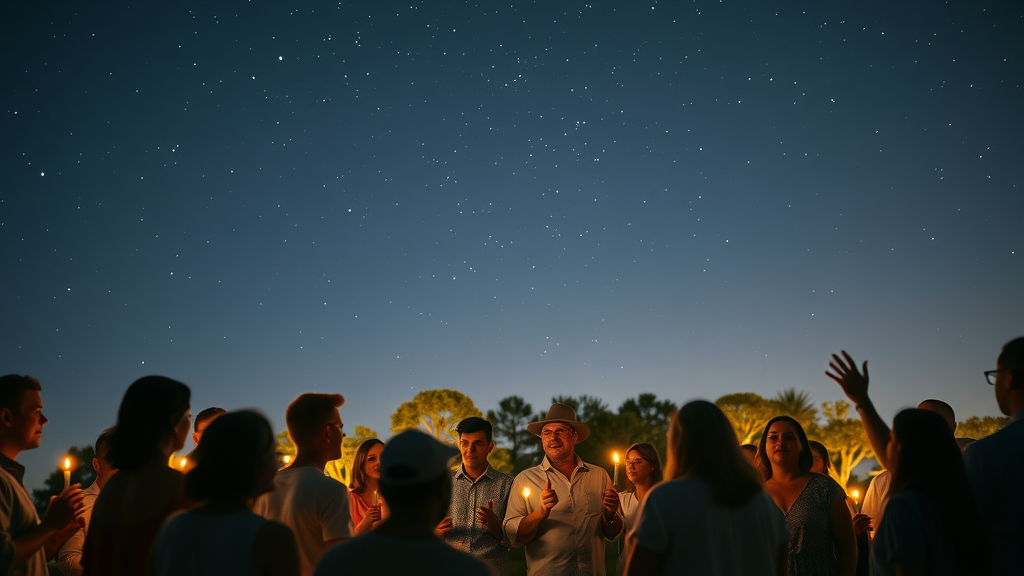 Magical group worship gathering under a star-lit Florida sky, uplifting mood, Christian retreat center Florida, group of mixed ages praising, clear sky with twinkling stars, warm color palette and nighttime lighting.