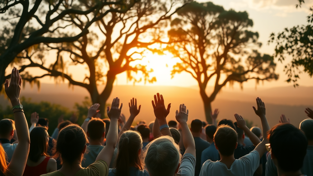 majestic open-air worship session at sunrise at Christian retreat center Central Florida, participants singing and praying, sunrise over meadows, moss-draped trees, radiant light, expressive crowd